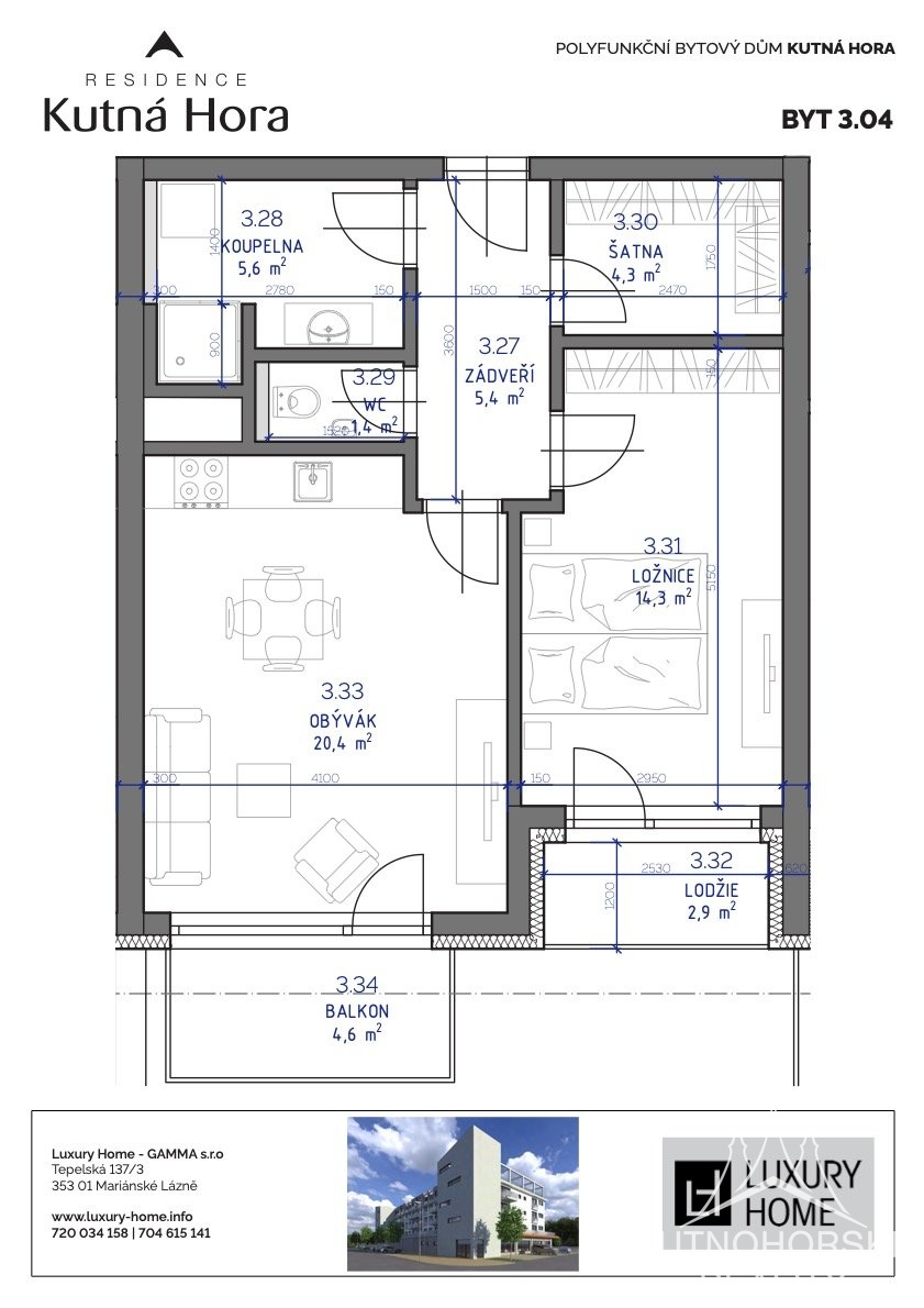 Pronájem krásného bytu 2+kk (52 m²) s garážovým stáním – Kutná Hora, Rezidence Za Lidkou