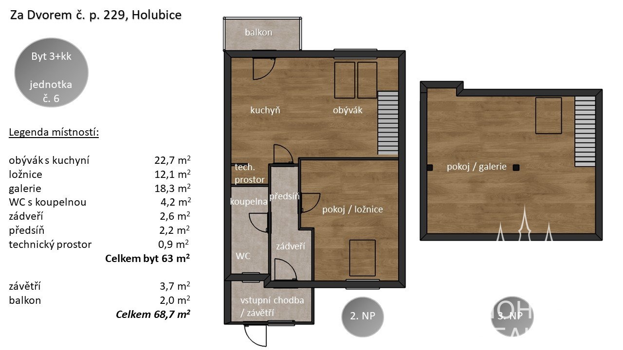 Prodej mezonetového bytu 3+kk s balkonem a parkováním, 63 m², Holubice – Praha-západ