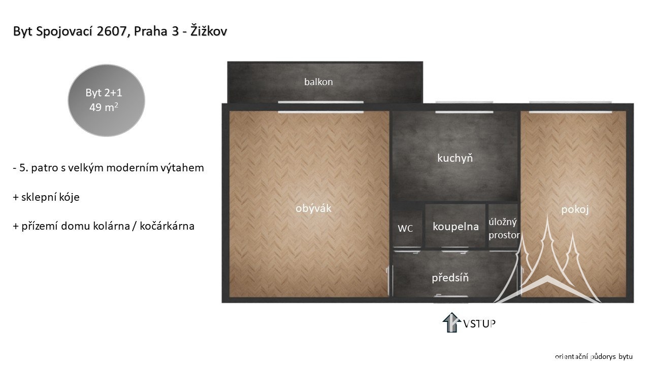 Pronájem bytu 2+1 s balkonem, 49 m², Spojovací, Praha – Žižkov